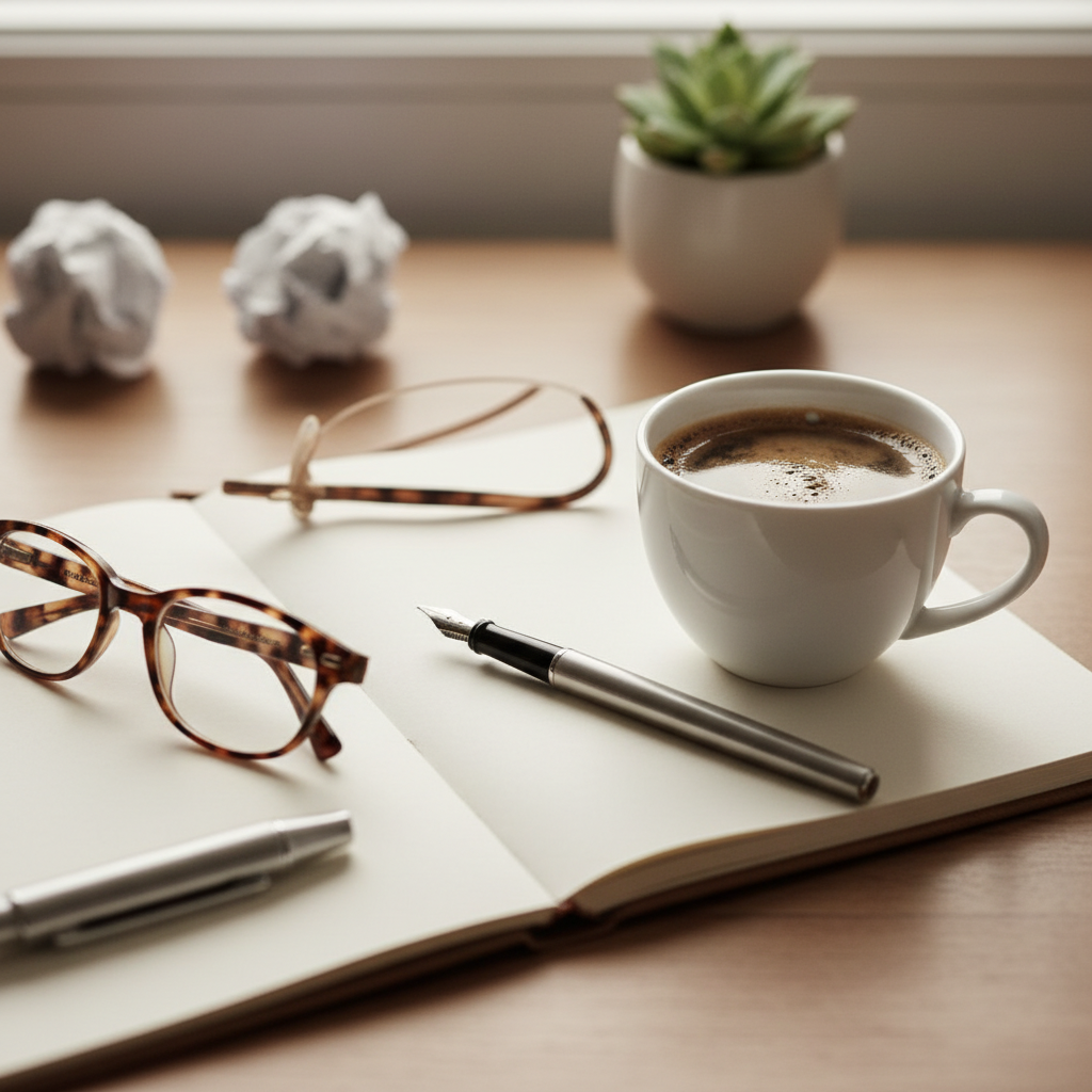 Tasse Kaffee und Notizbuch auf einem Schreibtisch, bereit zum Lesen und Reflektieren.