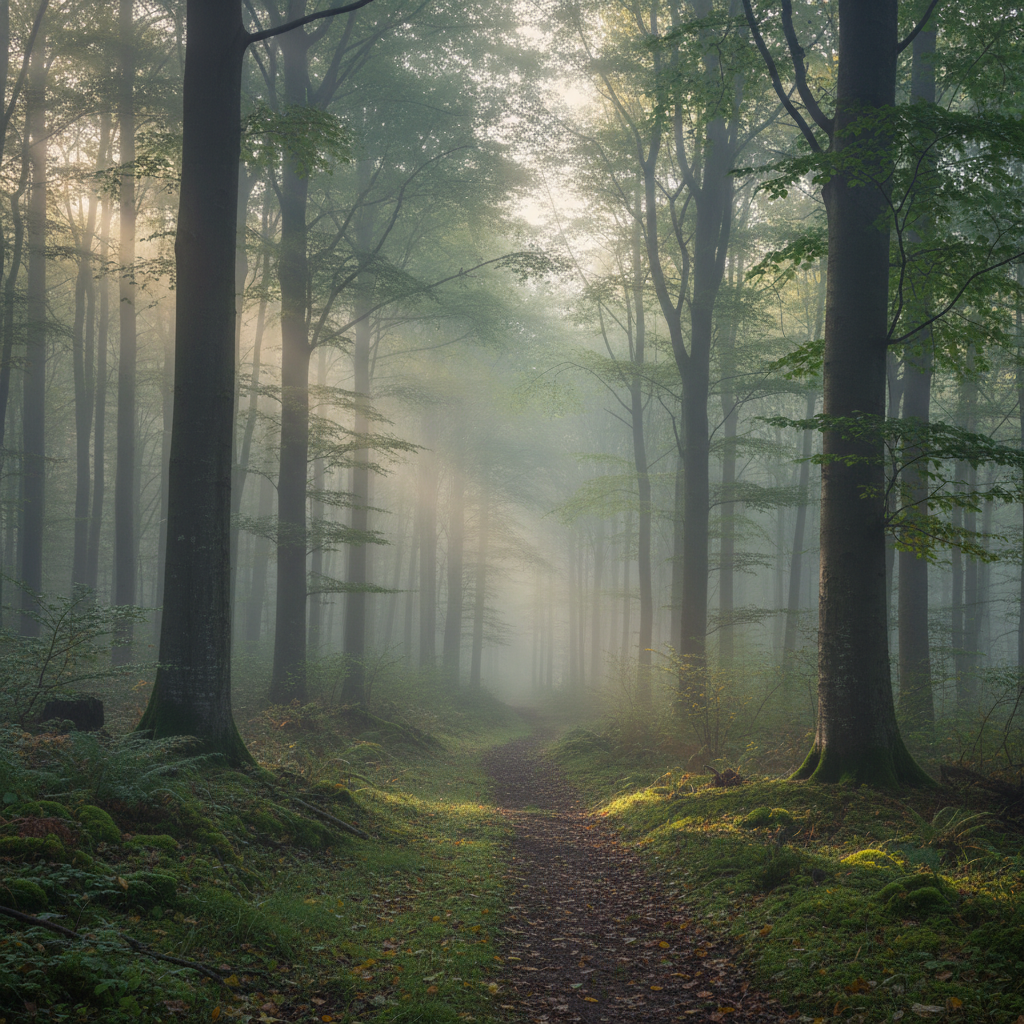 Ruhige Waldlandschaft mit Morgennebel, symbolisiert Entspannung und innere Einkehr.