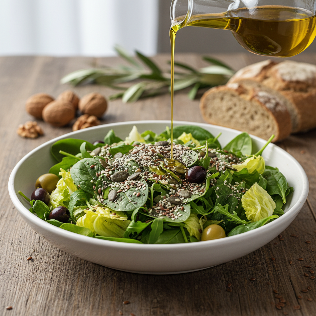 Grüner Salat mit Samen und Olivenöl, für eine ausgewogene Mahlzeit.